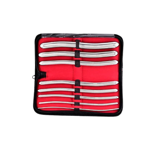 Hegar Dilator Set: 8 stainless steel probes (3mm-18mm) with dual sizing. Includes leather case & 1-year warranty. Ideal for anal or uterine dilation