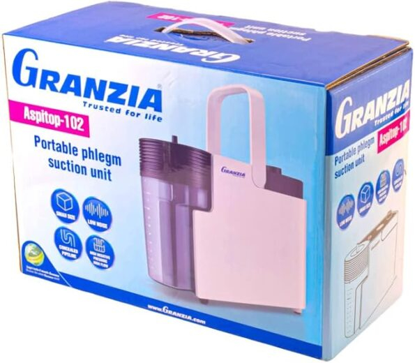 Machine Suction Granzia : surgical vacuum pump, aspirator, clinical suction unit. Featuring 22 LPM airflow, 75 kPa pressure, 1000 mL jar, and