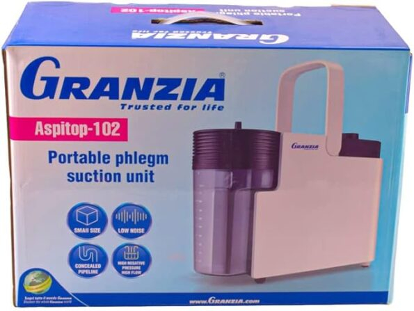 Machine Suction Granzia : surgical vacuum pump, aspirator, clinical suction unit. Featuring 22 LPM airflow, 75 kPa pressure, 1000 mL jar, and