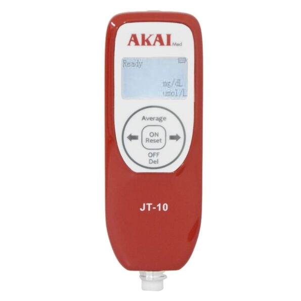 Jaundice Meter AKAIMED (JT-10), a non-invasive, high-accuracy jaundice detector. Features LED light source, LCD display, and 200-data storage.